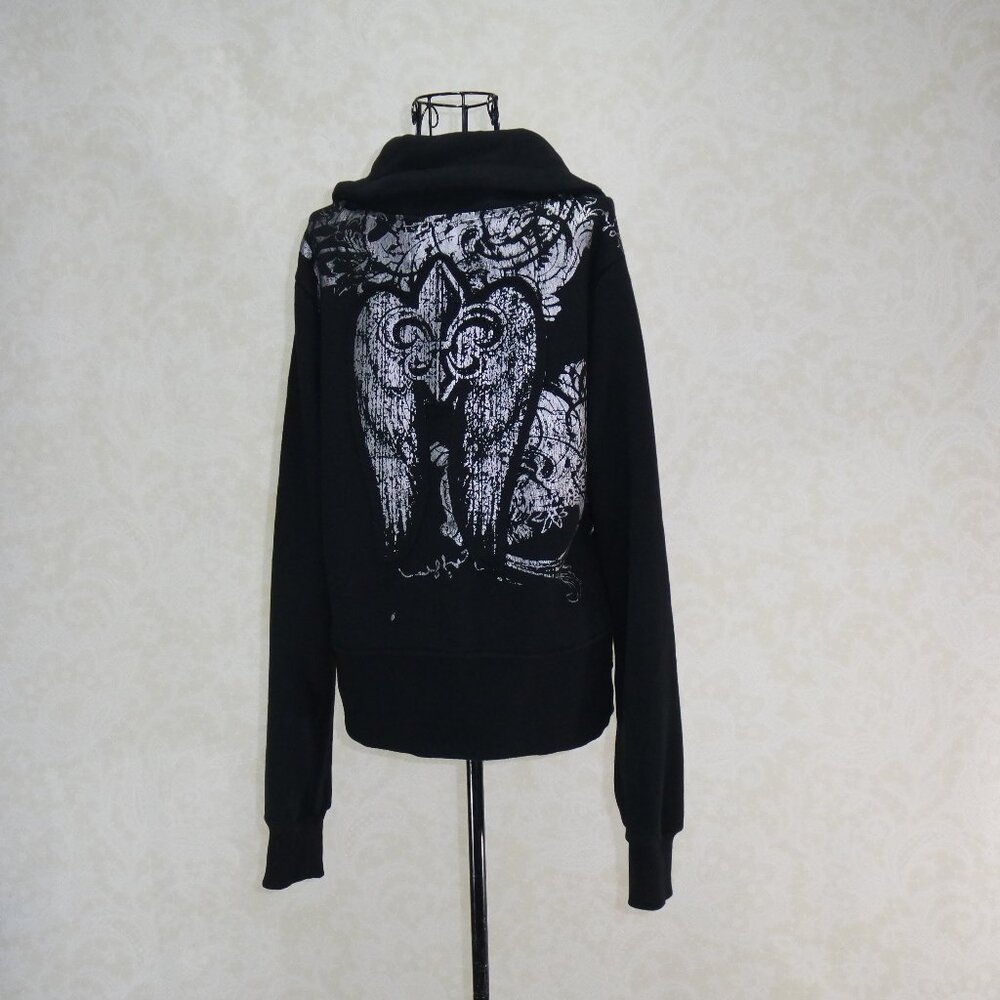 SOHO BABE Black Cowl Neck Full Zip Silver Fleur De Lis Sweatshirt L - Picture 17 of 17